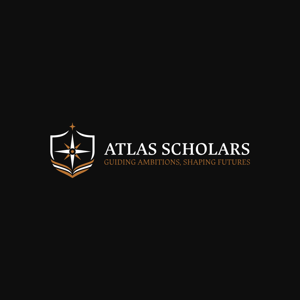 Horizontal Atlas Scholars logo in white and bronze on black