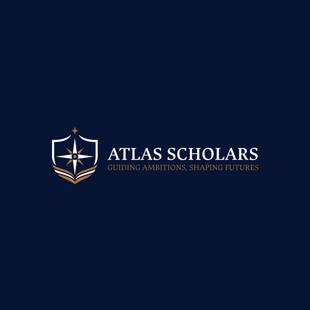 Atlas Scholars horizontal logo: a compass, shield and book emblem with a white wordmark and bronze tagline on navy