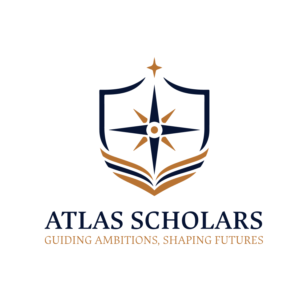 Stacked Atlas Scholars logo in navy and bronze on white